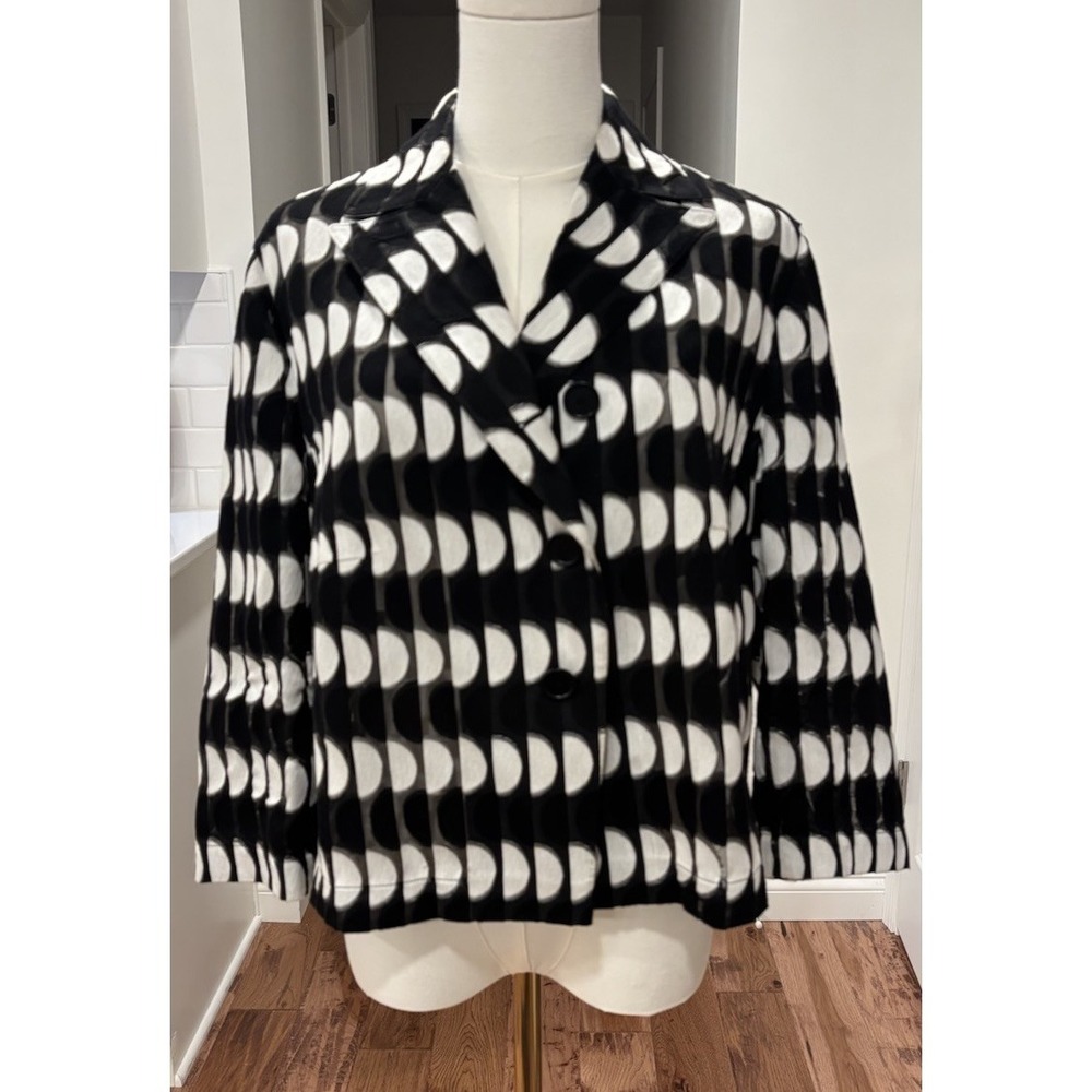 Akris Punto Black White Crescent Moon Graphic Button Up Blazer Sheer Women's 12